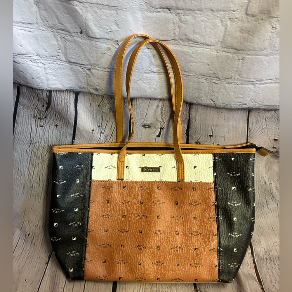 5/$20 Nautica 1983 Logo Zippered Boat‎ Tote Bag Black Camel Cream Patchwork ASIS